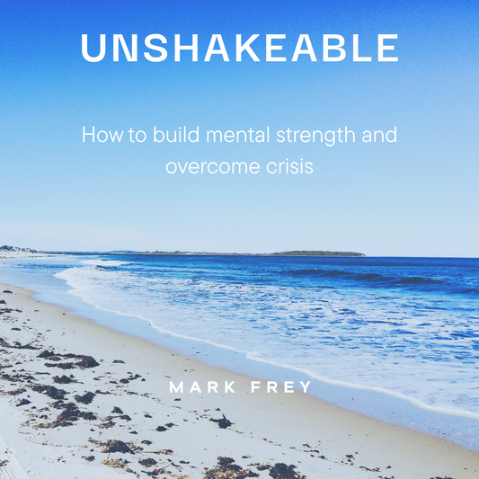 Cover of the digital book Unshakeable – How to Build Mental Strength and Overcome Crisis by Mark Frey. Clean, minimalist design with dark blue background and golden title.